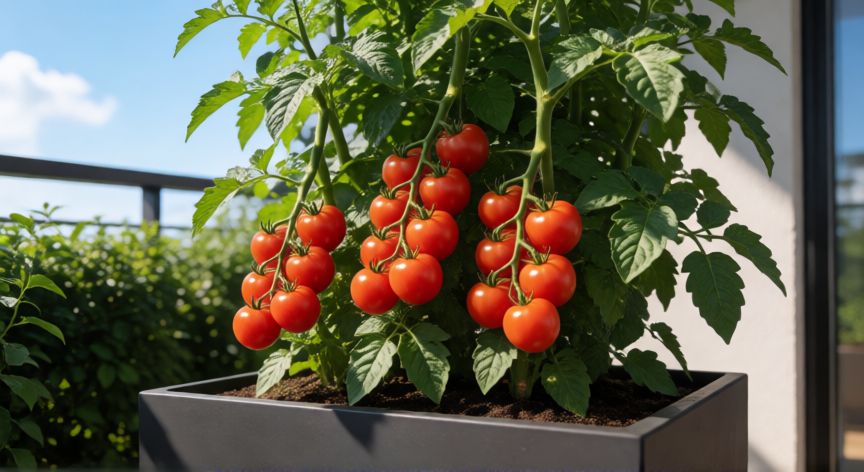 como plantar tomates cherry en maceta, Tomatera de cherry madura con frutos rojos en una maceta moderna en un balcón soleado