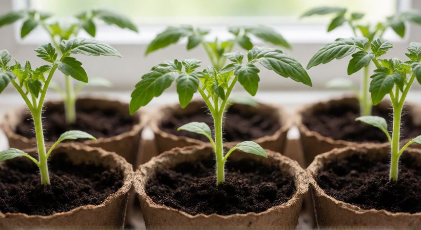 como plantar tomates en casa, Brote joven de tomate en maceta de bioplástico