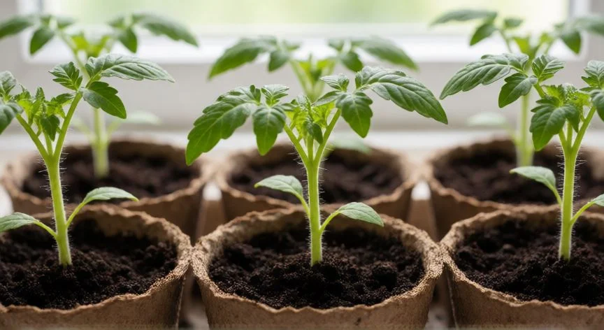 Brote joven de tomate en maceta de bioplástico