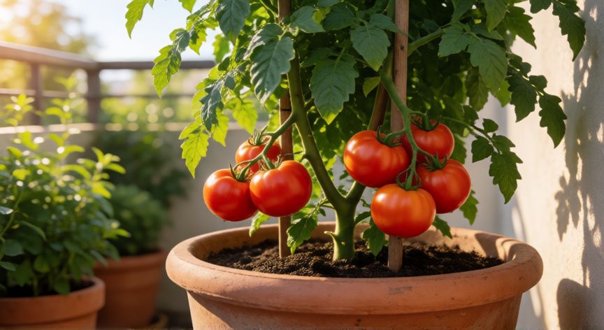 como plantar tomates en casa, Planta de tomate madura con frutos rojos en terraza