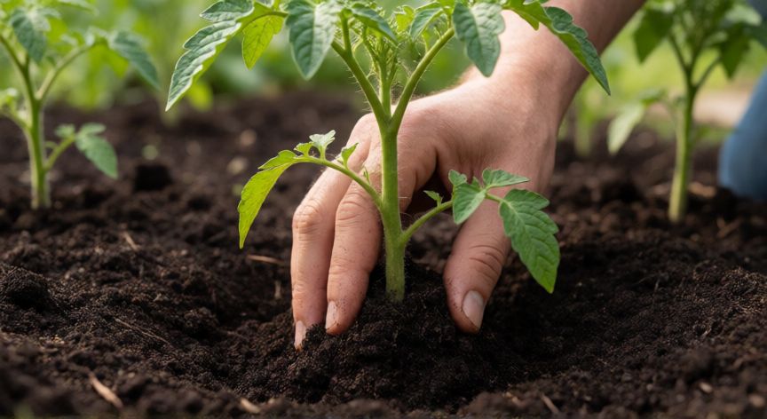 como plantar tomates en huerto, Manos enterrando una planta de tomate en el suelo del huerto hasta el segundo par de hojas