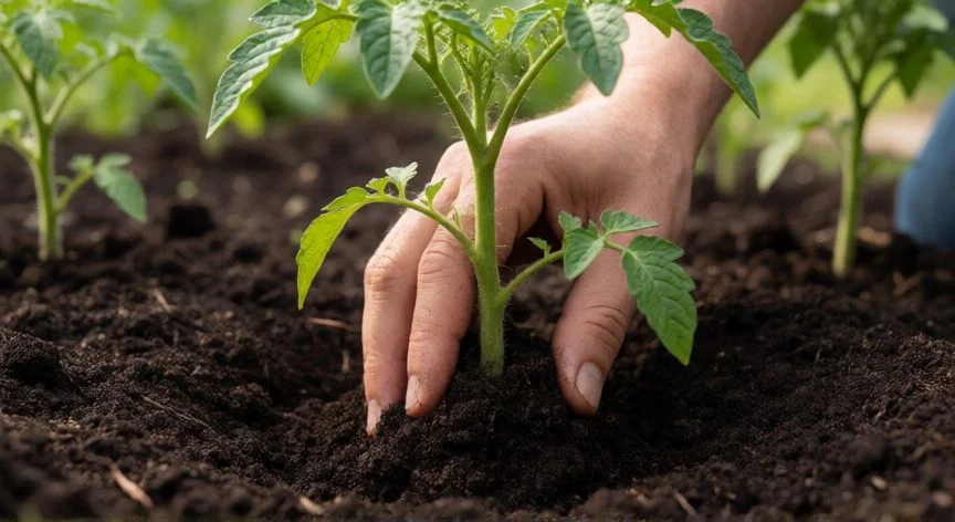 Manos enterrando una planta de tomate en el suelo del huerto hasta el segundo par de hojas