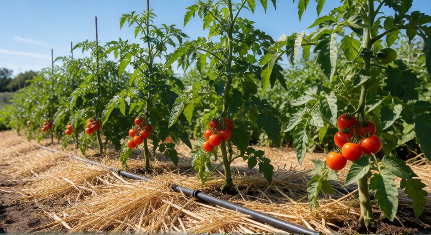 como plantar tomates en huerto, Huerto con plantas de tomate cubiertas con paja y sistema de riego por goteo instalado