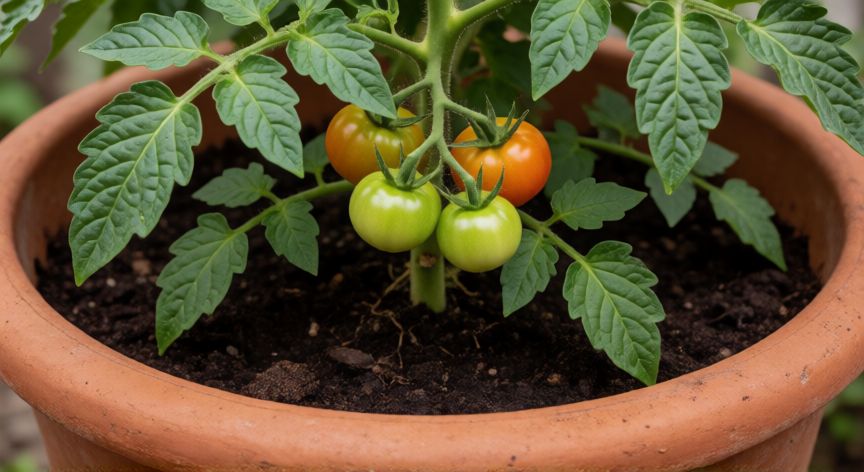 como plantar tomates en maceta, Tomatera en maceta con sustrato rico y frutos en desarrollo