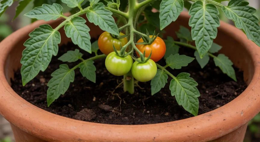 Tomatera cherry en maceta de barro con tutor y acolchado en balcón soleado