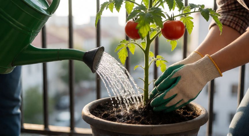 como plantar tomates en maceta, Riego por goteo en la base de una tomatera en maceta en un balcón urbano