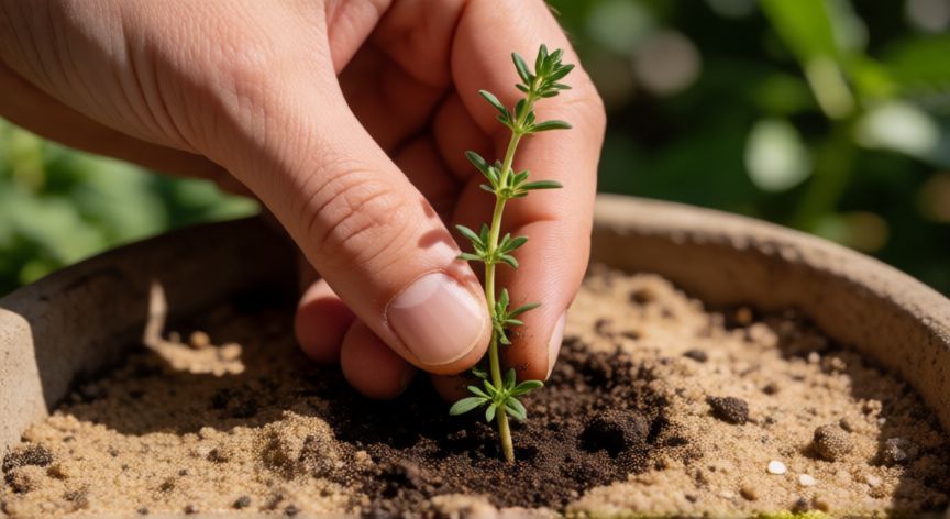 como plantar tomillo, Manos plantando una estaca de tomillo en una maceta con tierra arenosa