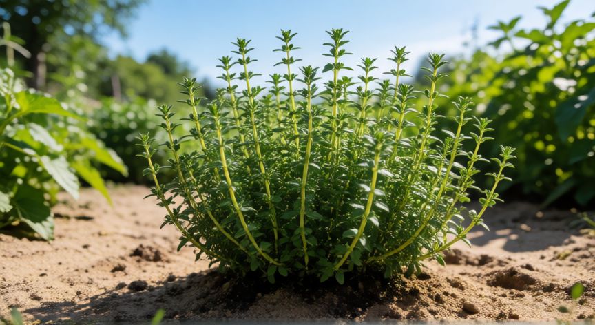 como plantar tomillo, Planta de tomillo sana creciendo en un jardín soleado con suelo arenoso