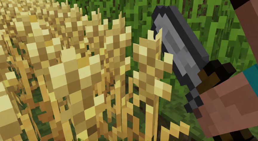 como plantar trigo en minecraft, Cosecha de trigo maduro con tonos dorados en Minecraft