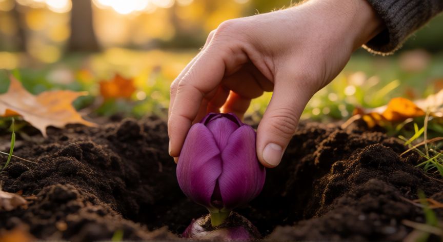 como plantar tulipanes, Manos plantando un bulbo de tulipán en el suelo durante el otoño