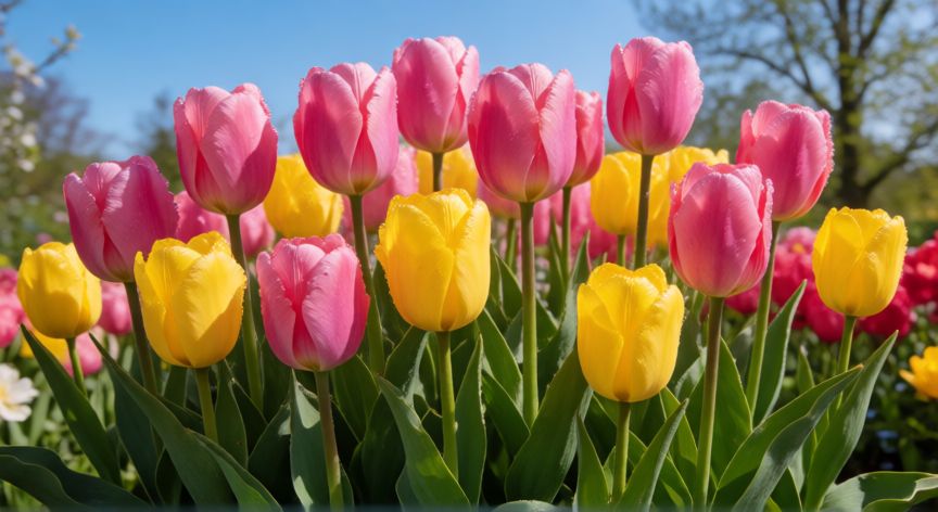 como plantar tulipanes, Jardín con tulipanes de colores rosa y amarillo floreciendo en primavera