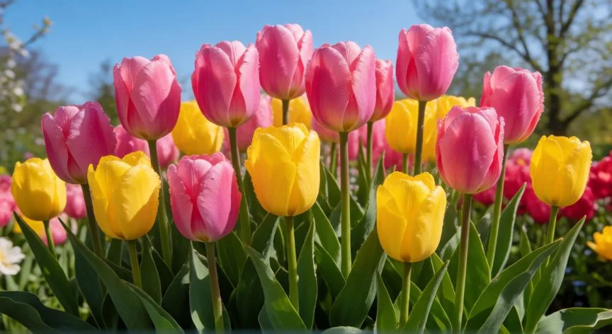 como plantar tulipanes, Manojo de tulipanes multicolor en floración primaveral en jardín
