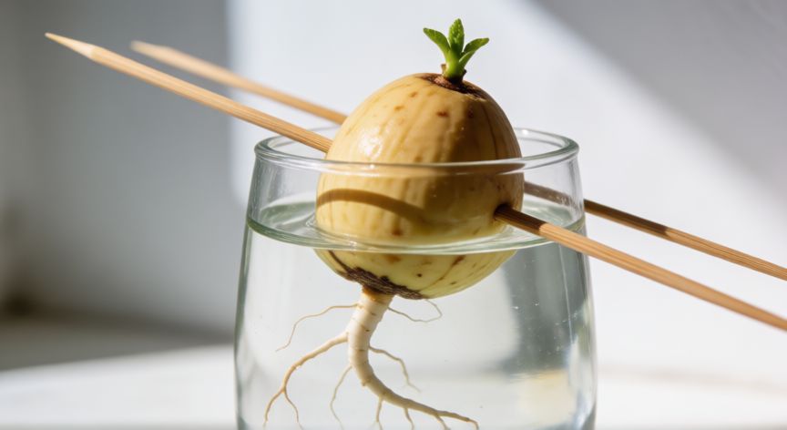 como plantar un aguacate, Semilla de aguacate enraizando en agua con brote verde inicial