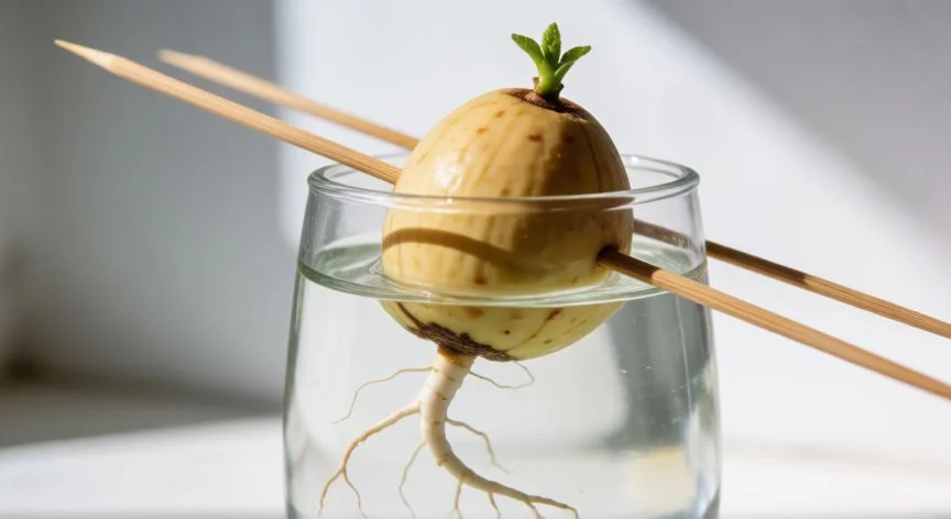 Semilla de aguacate germinando en un vaso con palillos, agua hasta la mitad