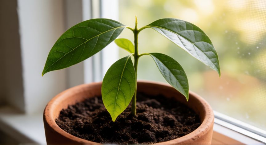 como plantar un aguacate, Joven planta de aguacate en maceta con hojas verdes y suelo fértil