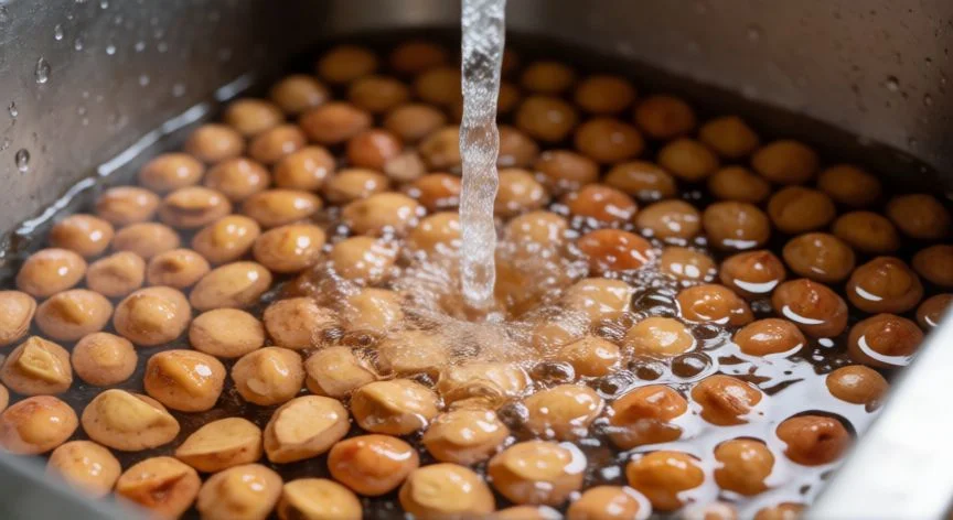 Manos abriendo un hueso de cereza para extraer la semilla