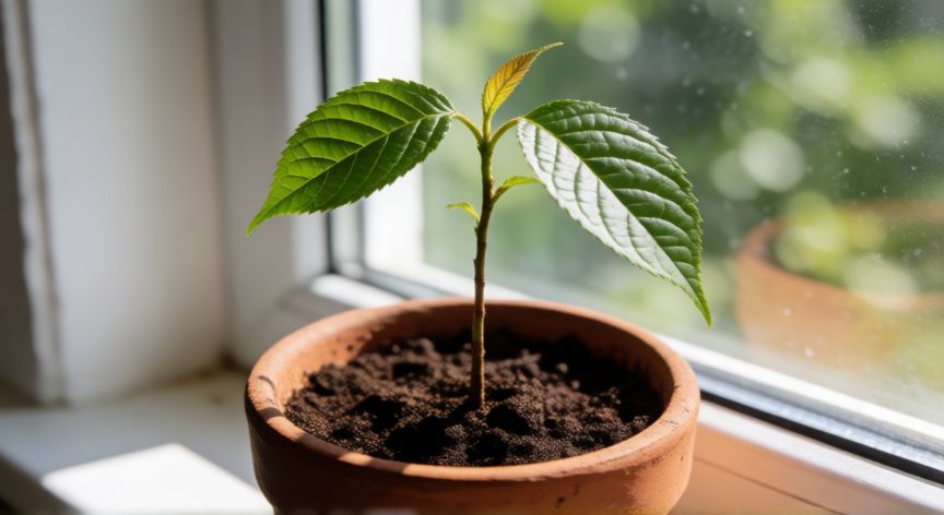 como plantar un cerezo a partir de un hueso, Plántula joven de cerezo con dos pares de hojas en maceta