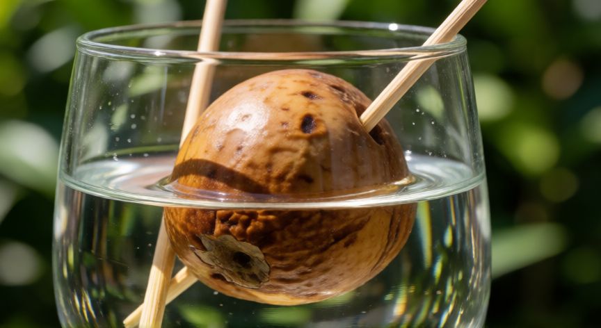 como plantar un hueso de aguacate, Hueso de aguacate suspendido con palillos en un vaso de agua