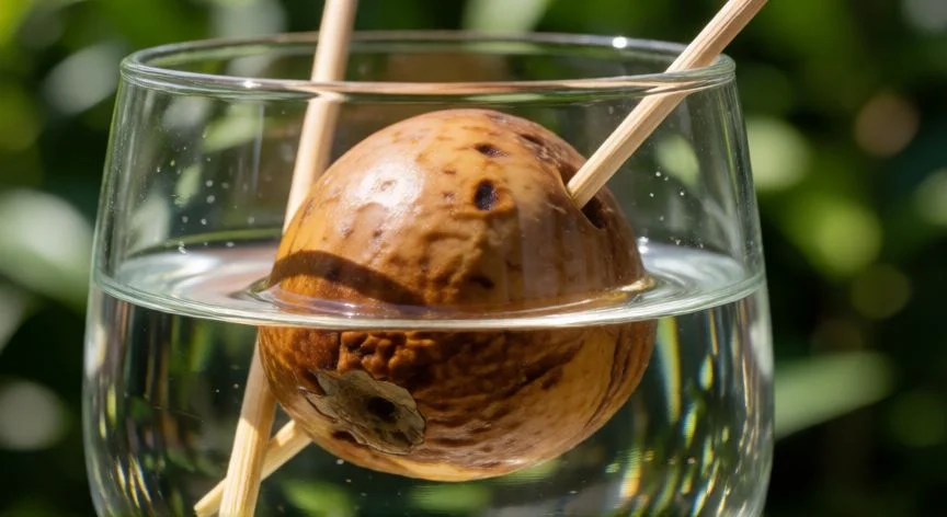 Hueso de aguacate con palillos suspendido sobre un vaso con agua en una ventana luminosa