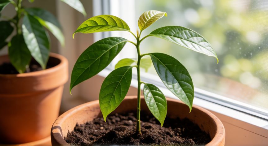 como plantar un hueso de aguacate, Joven planta de aguacate en maceta de terracota recibiendo luz solar