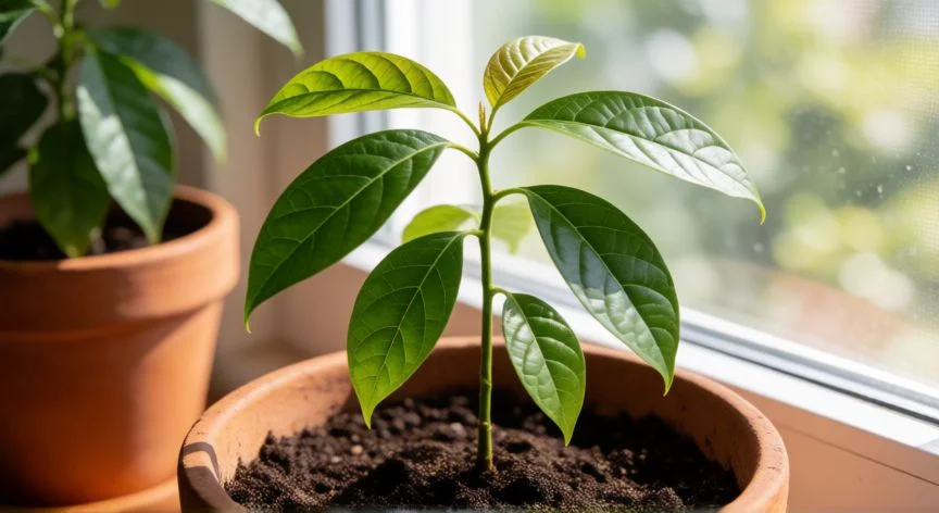 como plantar un hueso de aguacate, Planta joven de aguacate con tallo rojizo y hojas verdes en maceta de barro con sustrato drenante