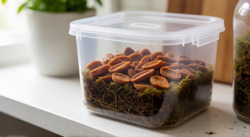 como plantar un hueso de albaricoque, Huesos de albaricoque limpios en un recipiente con sustrato húmedo para estratificación