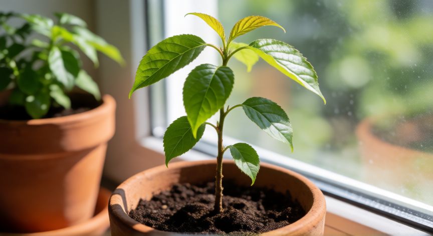 como plantar un hueso de albaricoque, Plántula joven de albaricoque en maceta sobre un alféizar soleado