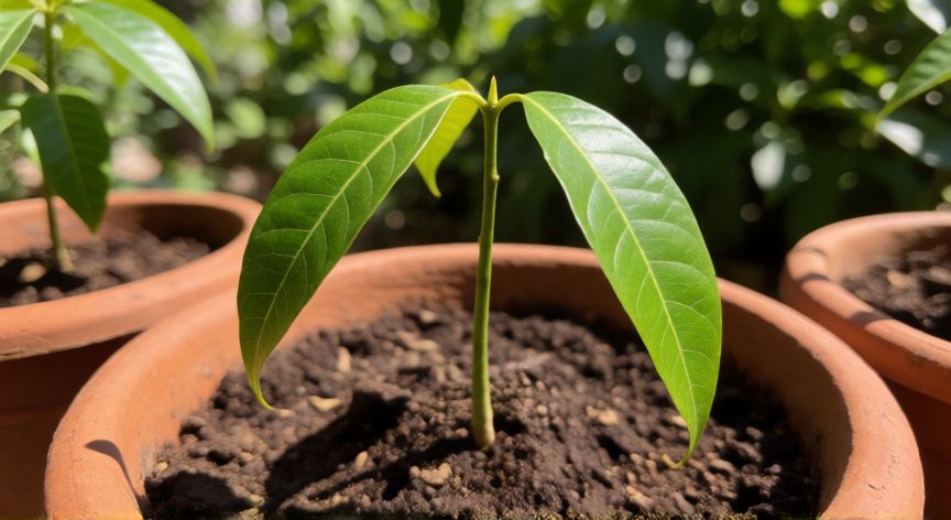 como plantar un hueso de mango, Plántula joven de mango en maceta recibiendo sol