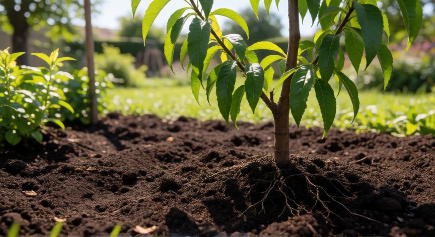 como plantar un hueso de melocotón, Joven planta de melocotonero recién germinada en tierra fértil de huerto