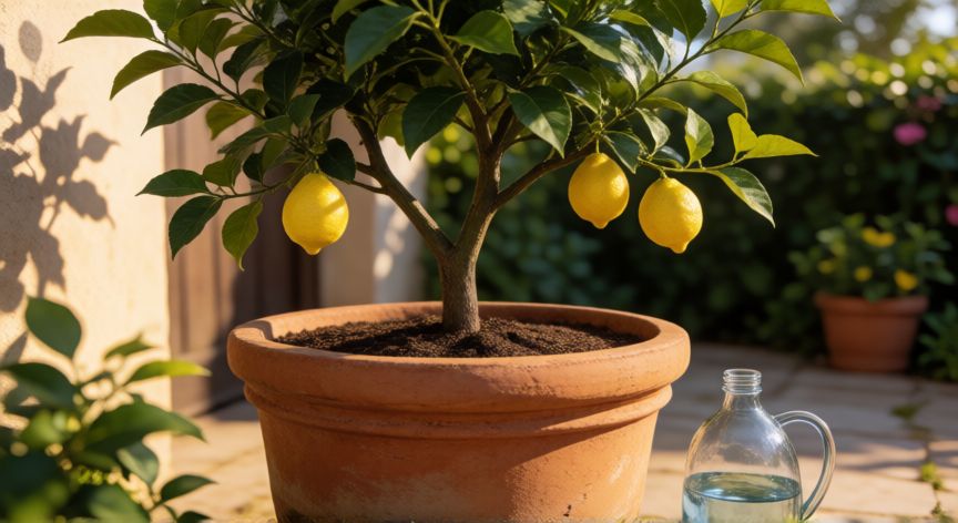 como plantar un limonero, Limonero en maceta de terracota en un patio soleado