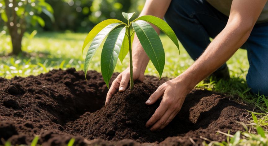como plantar un mango, Persona plantando una muda de mango en el jardín con tierra rica