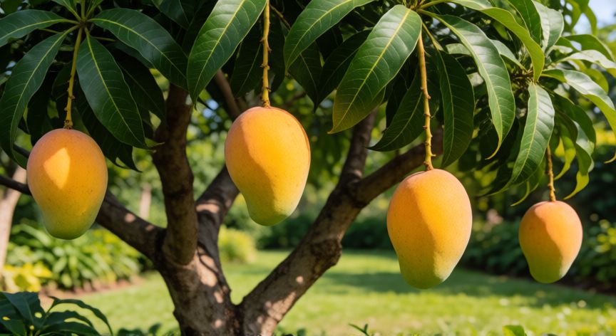 como plantar un mango, Árbol de mango maduro con frutos amarillos y naranjas colgando