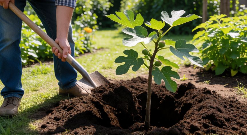 como plantar una higuera, Persona plantando una higuera joven en un jardín soleado con tierra fértil