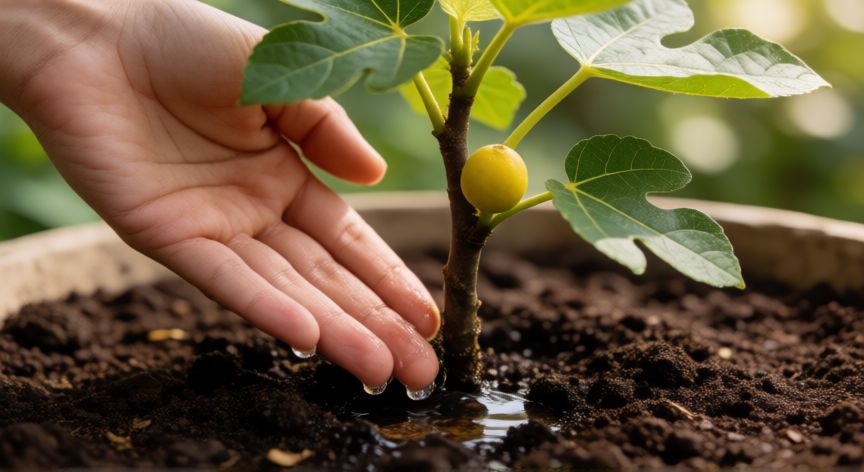 como plantar una higuera, Riego cuidadoso en la base de una higuera recién plantada con hojas verdes