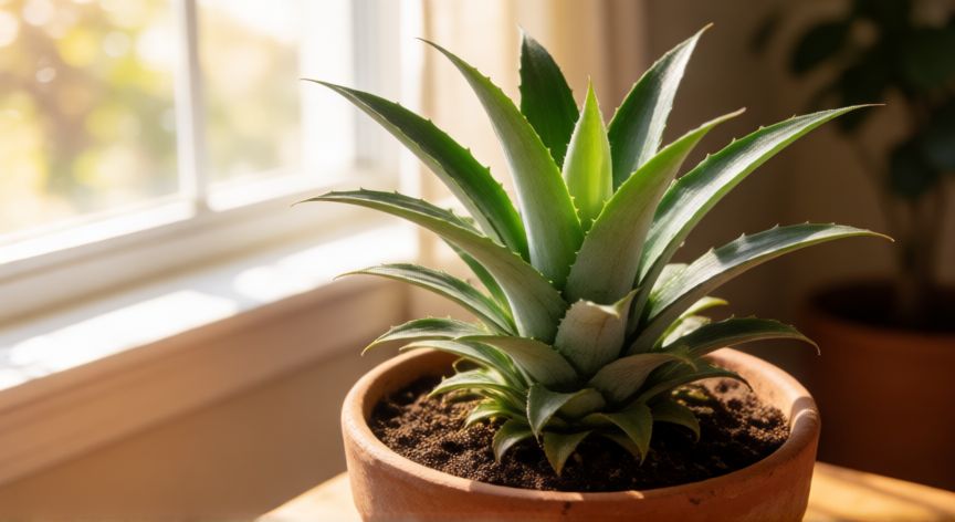 como plantar una piña, Planta de piña joven en maceta recibiendo luz solar indirecta