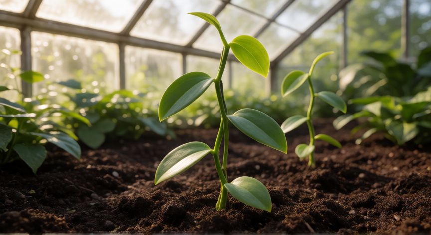 como plantar vainilla, Planta joven de vainilla creciendo en suelo rico dentro de un invernadero