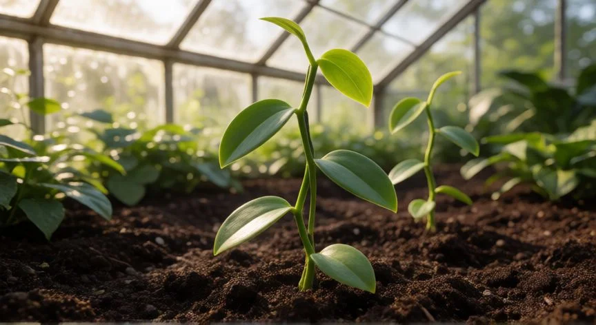 Planta joven de vainilla creciendo en suelo rico dentro de un invernadero
