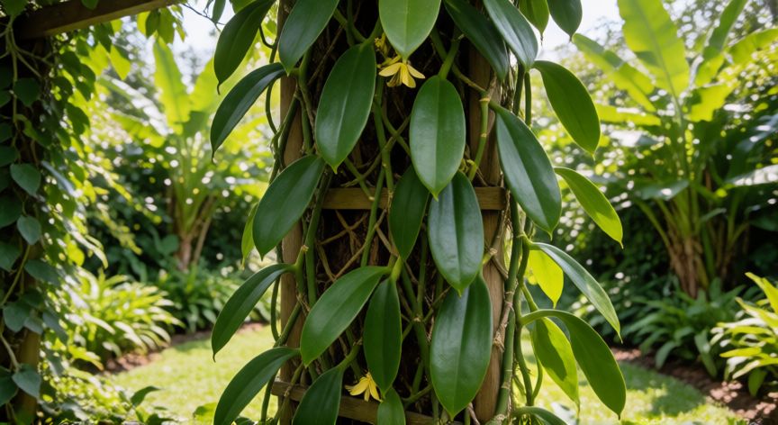 como plantar vainilla, Enredadera de vainilla madura trepando por un tutor de madera en un jardín tropical