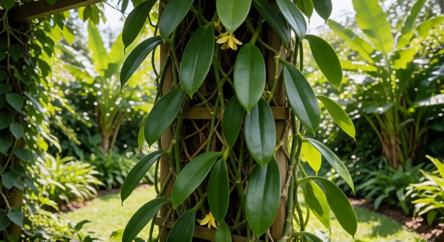 como plantar vainilla, Polinización manual de una flor de vainilla con palillo al amanecer