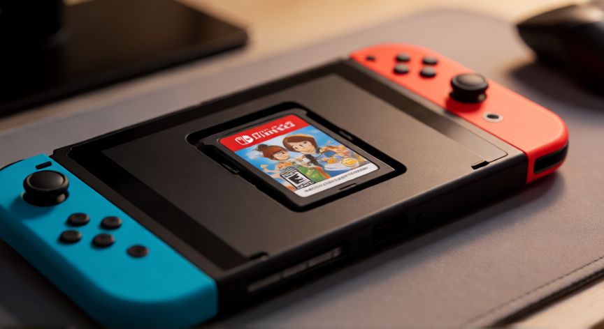 como plantar valheim, Consola de videojuegos portátil con cartucho insertado sobre escritorio
