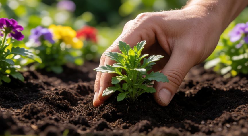 como plantar verbena, Manos de un jardinero plantando una plántula de verbena en tierra fértil