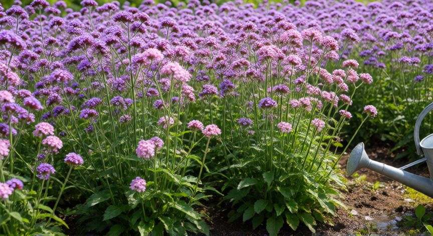 como plantar verbena, Jardín soleado con filas de verbena en flor y riego reciente