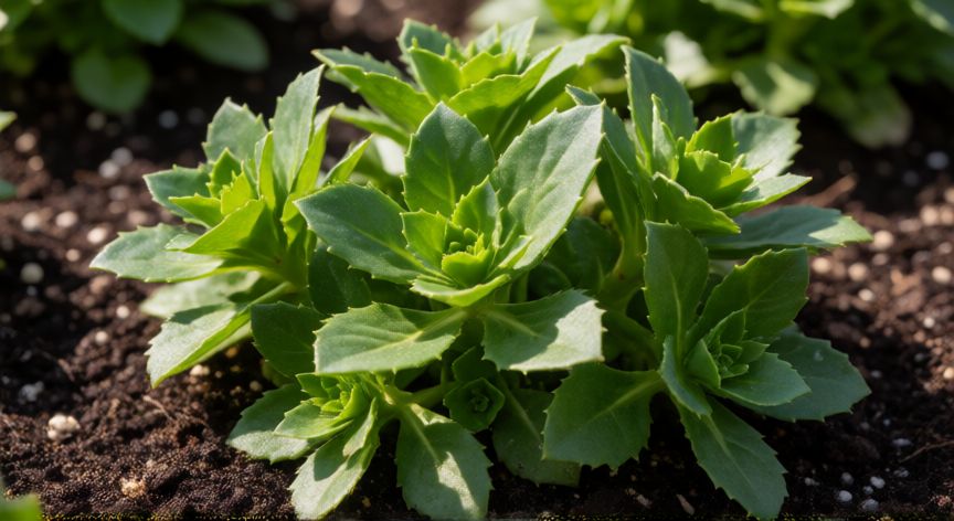 como plantar verdolaga, Planta de verdolaga creciendo en tierra de jardín con sol directo