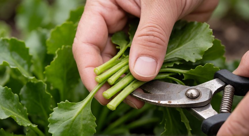 como plantar verdolaga, Manos cosechando hojas de verdolaga con tijeras de podar en un huerto