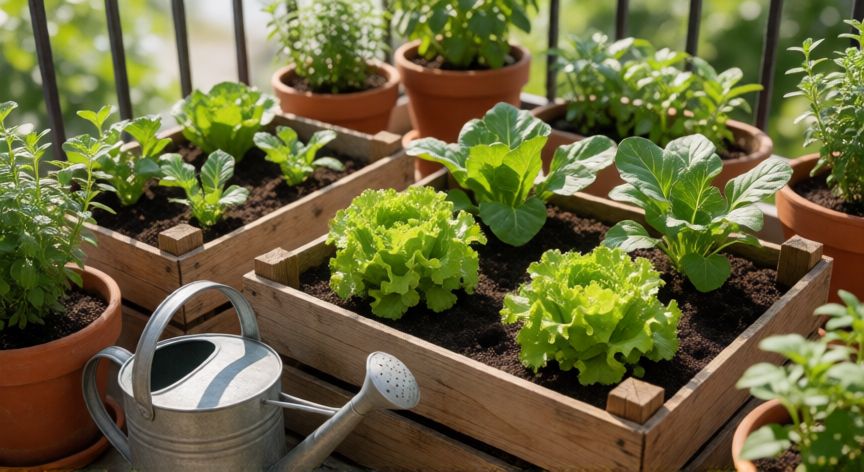 como plantar verduras en casa, Huerto urbano en el balcón con macetas de lechuga y hierbas