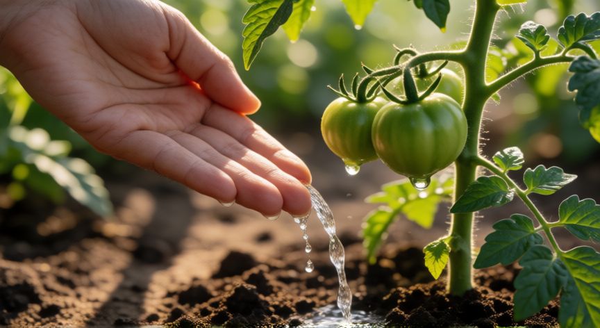 como plantar verduras en casa, Riego manual de una planta de tomate en un huerto casero