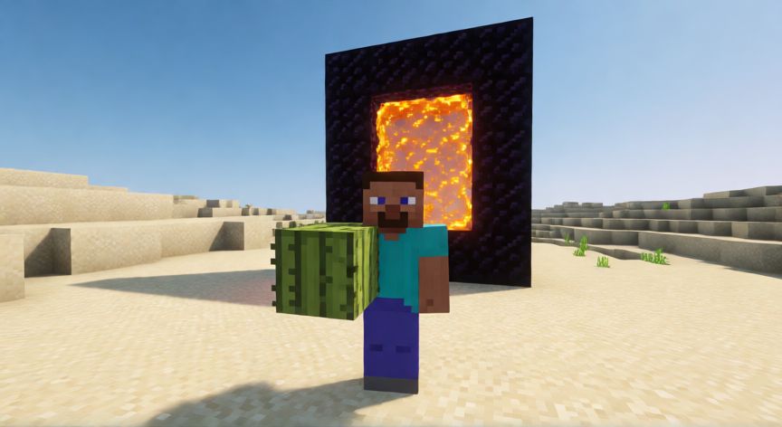 como plantar verrugas del nether, Jugador de Minecraft en el desierto sosteniendo un cactus cerca de un portal al Nether