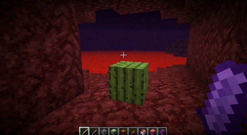 como plantar verrugas del nether, Interior de una base en el Nether con un jugador colocando un bloque de cactus