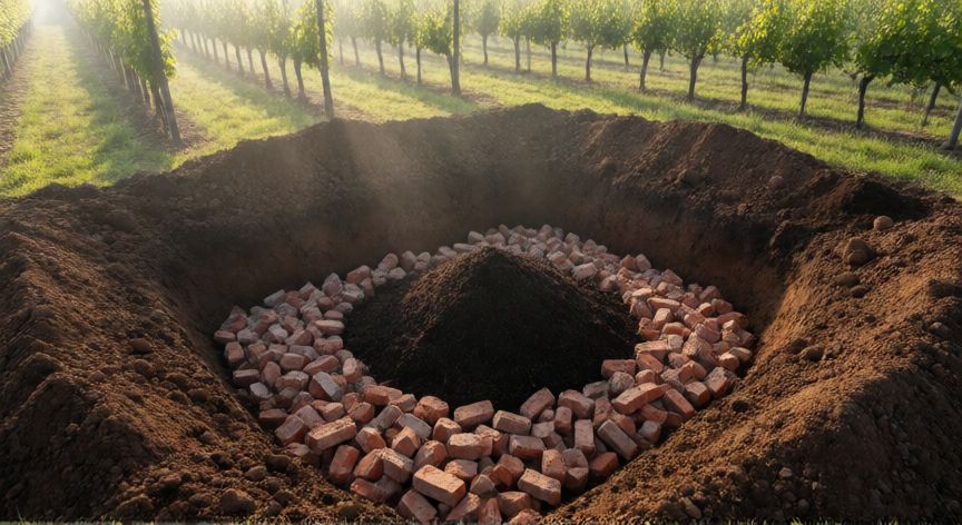 como plantar vid, Hoyo de plantación preparado con adobes y abono para plantar vid