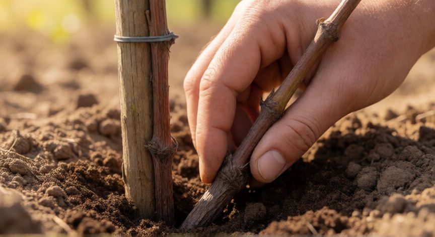 como plantar vid, Detalle de la plantación de una viga con tutor de madera en el huerto